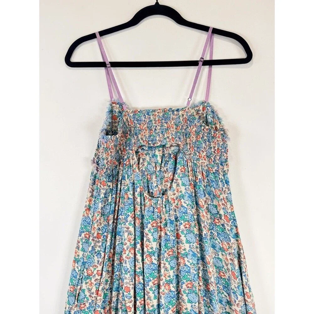 Free People Maxi Dress Blue Molly Jo Floral Button Down Cutout Back Smocked XS